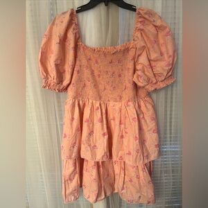 Love Shack Fancy women Mini Dress Sz L  Pink Peach Floral Puff Sleeve Dress fb